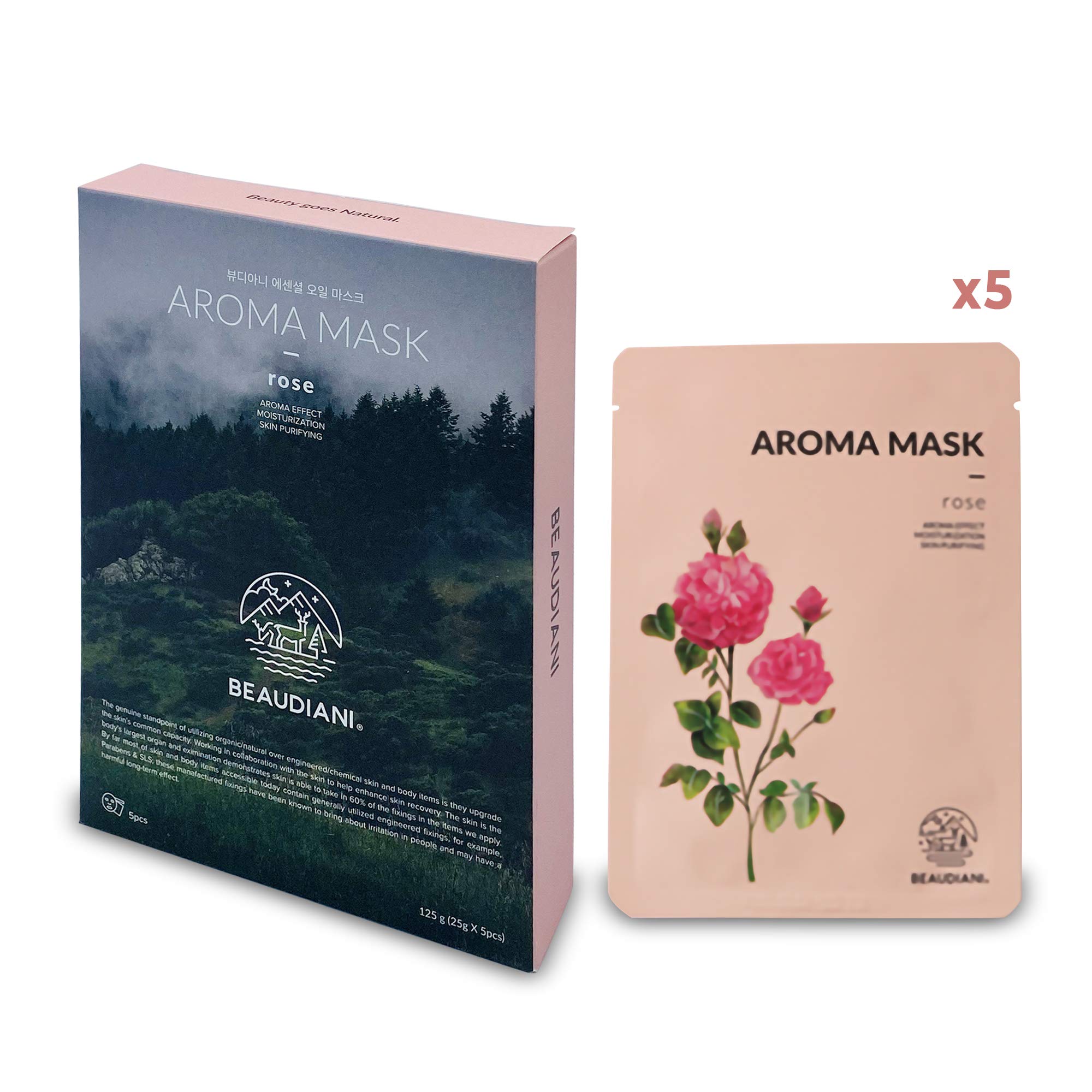 Beaudiani AROMA MASK ROSE (5 EA), Virtual Spa Experience, Face Mask, Moisturizing, Vegan and all natural