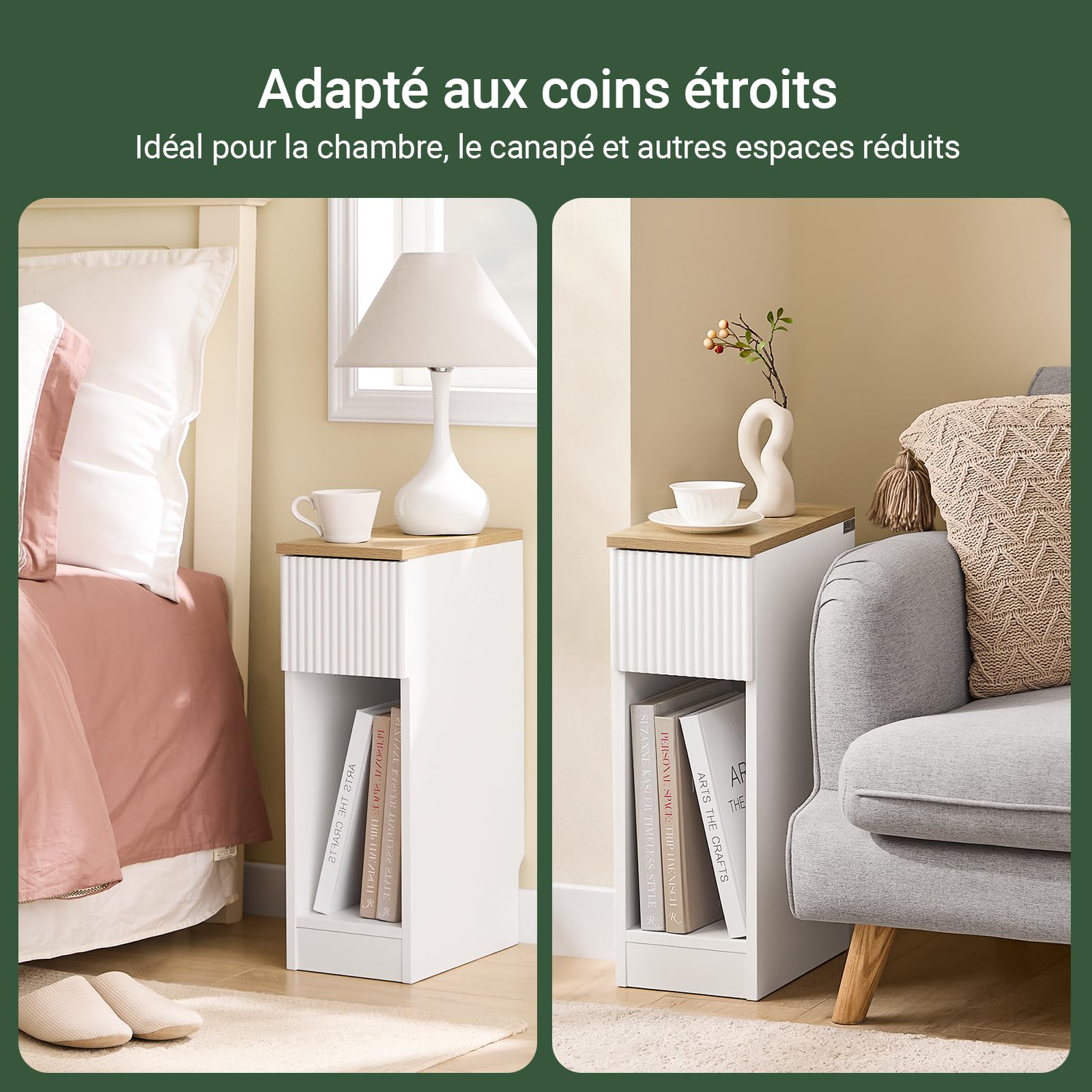 SoBuy Table de Chevet etroite 20cm avec façade ondulée de tiroir 20x35x60cm | Table de Nuit Table d'appoint avec design de plinthe, gain de place pour chambre, salon et petits espaces, Blanc, FBT111-W
