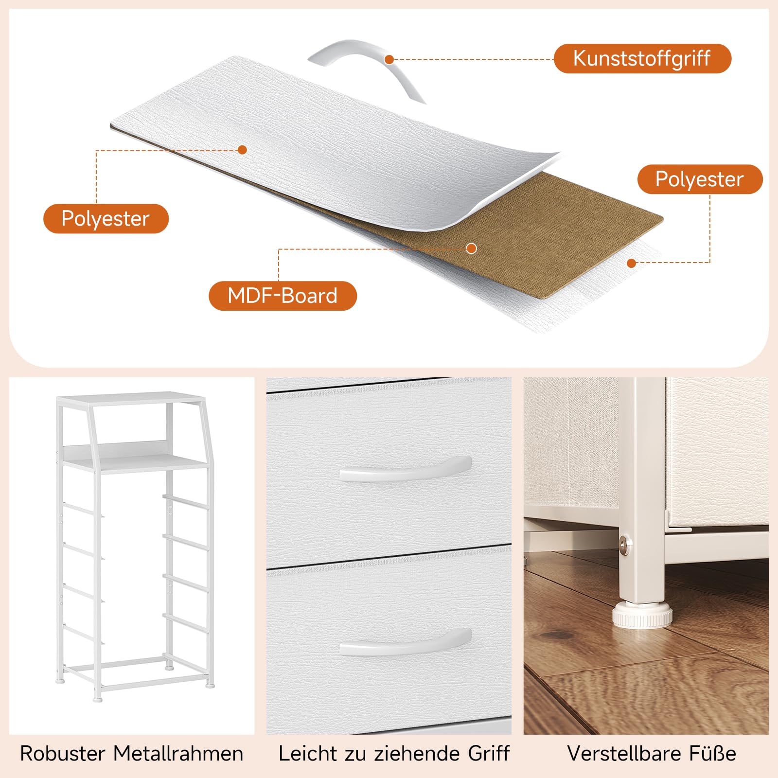 CAIYUN Comodino, tavolino, comodino con 5 cassetti, comodino, cassettiera per camera da letto, armadio, armadietto, facile da montare, stabile