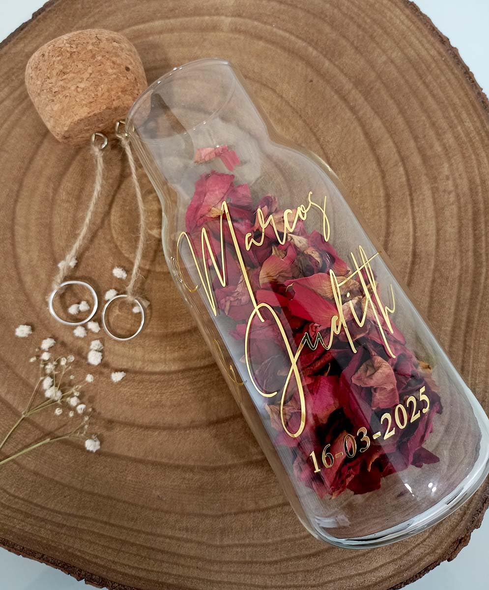 Pot pour alliances personnalisé, porte-alliances, avec pétales de rose séchés naturels et corde pour accrocher les alliances de mariage
