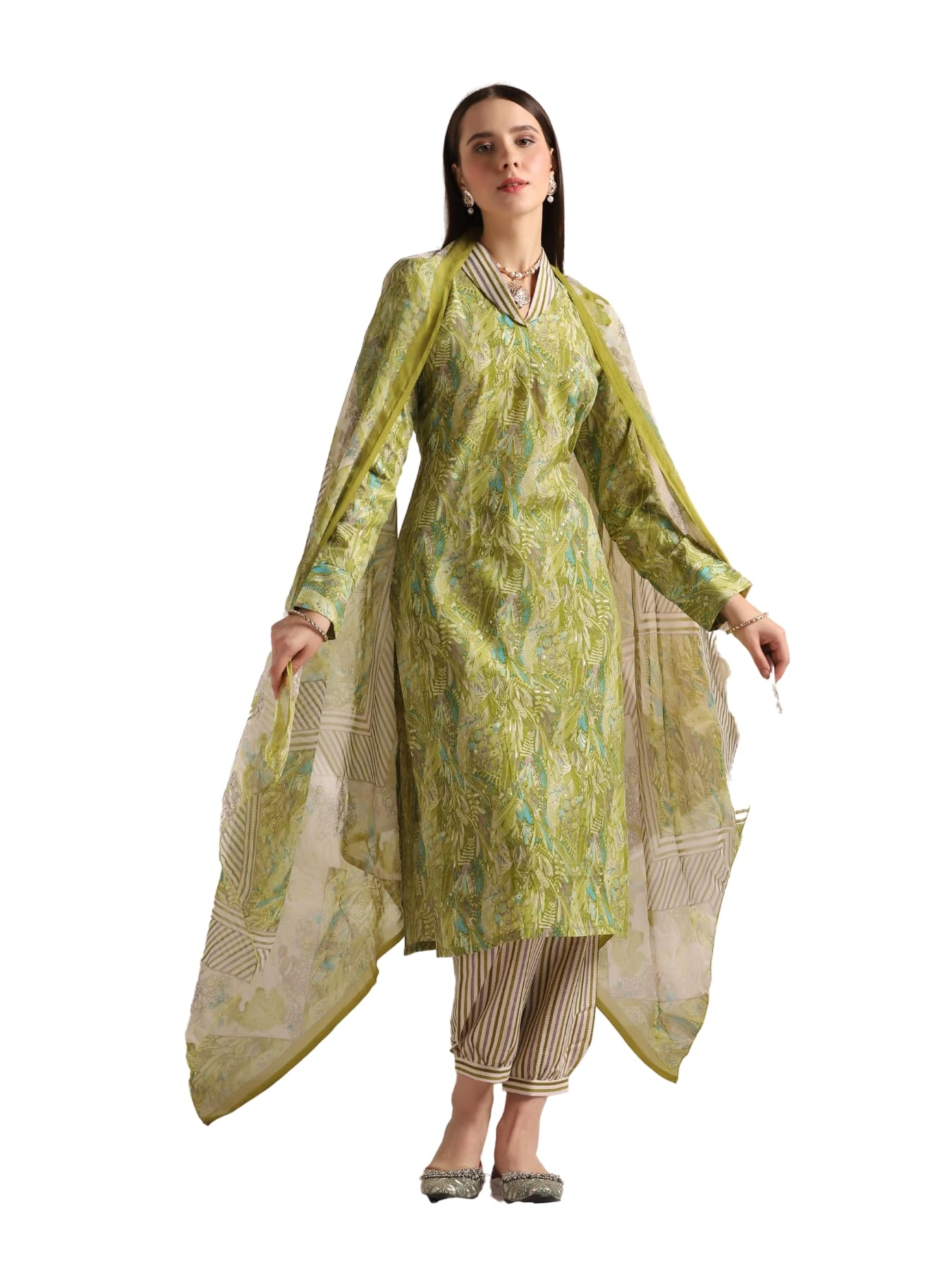 Greciilooks Womens Cotton Blend Patiala Regular Fit Kurta Set (Green, Medium)