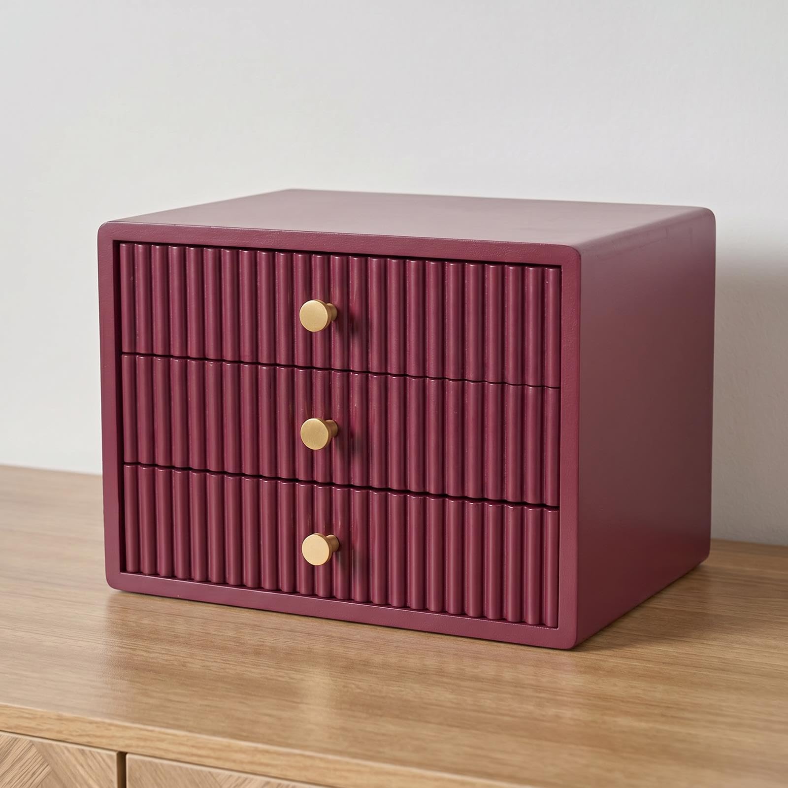 OHS Desktop Drawers Small Ribbed Wooden Desk Organiser 3 Tier, Dark Berry