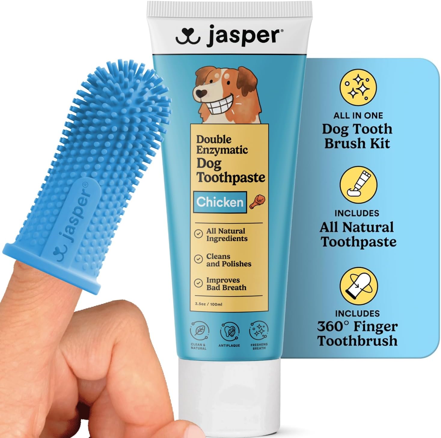 Jasper Dog Tooth Brushing Kit and Dog Toothpaste Kit 360 Dog Toothbrush Enzymatic Plaque Remover Imporves Bad Breath Natural Pet Toothpaste Dog Toothbrush and Toothpaste 2 oz Chicken Flavor