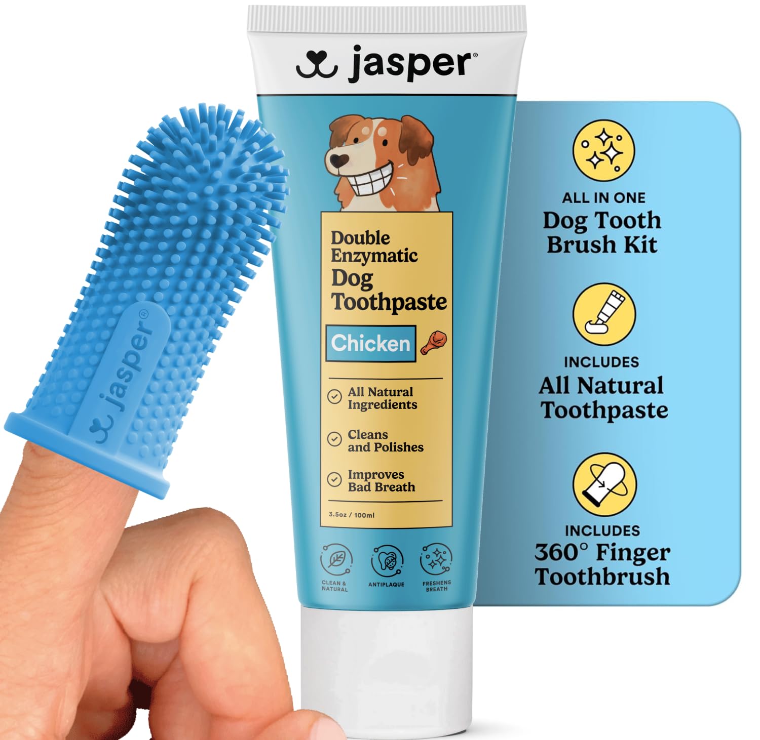 Jasper Dog Tooth Brushing Kit and Dog Toothpaste Kit 360 Dog Toothbrush Enzymatic Plaque Remover Imporves Bad Breath Natural Pet Toothpaste Dog Toothbrush and Toothpaste 2 oz Chicken Flavor