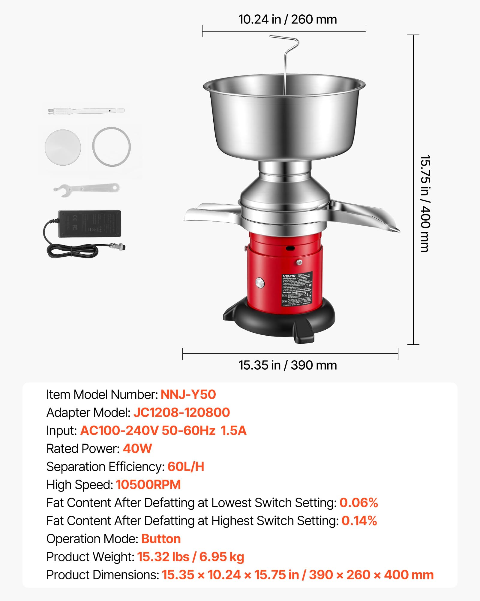 VEVOR Separatore di Latte Elettrico 40 W, Separatore di Latte da 60L/h con Base Rotondo Controllo a Pulsante, Macchina per Separazione di 10500 giri/min, Centrifuga per in Acciaio Inox 304
