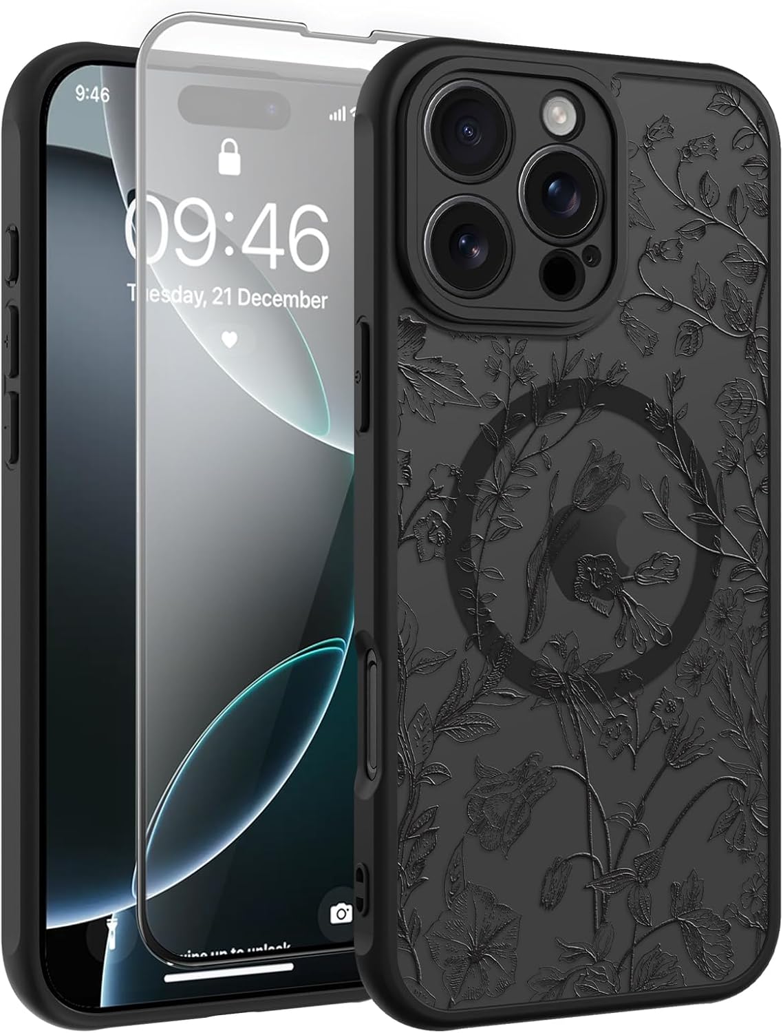 AIGOMARA Magnetic for iPhone 16 Pro Max Case, Compatible with Magsafe Cute Black Sage Flower Floral Pattern Screen Protector Camera Protection Matte Translucent Phone Case for Women Girls - Image 2