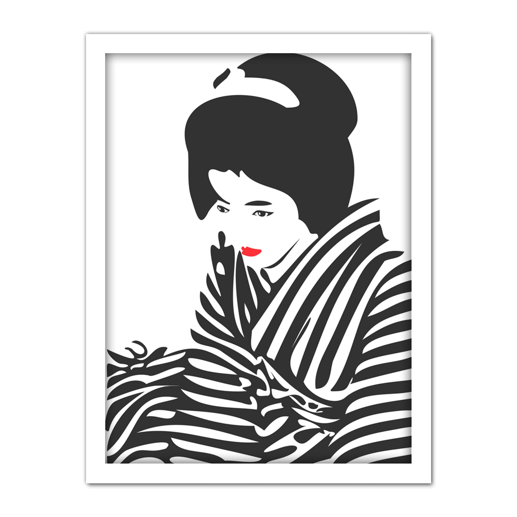 Wee Blue Coo Japanese Geisha Lipstick Stripes Artwork Framed Wall Art Print 18X24 Inch