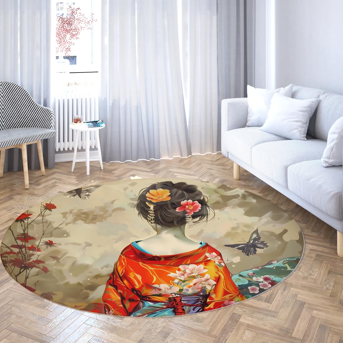 Tapis rond japonais ukiyo e 160cm lavable poil bas salon
