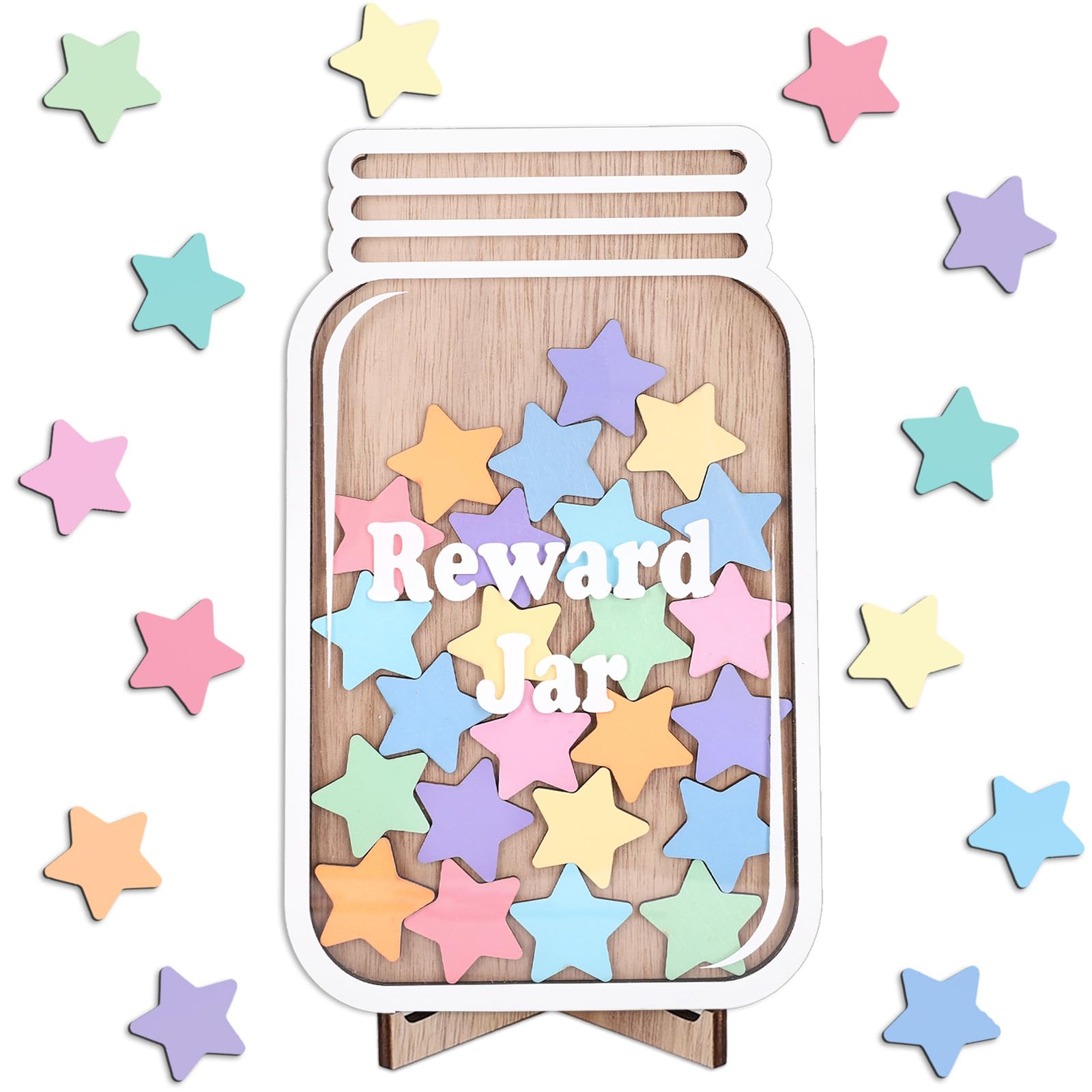 JarThenaAMCS 39 Pcs Star Wooden Reward Jar Macaron Colored Star Wood Cutouts with Magnetic Sticker Back to School Positive Incentive Behavior Chart