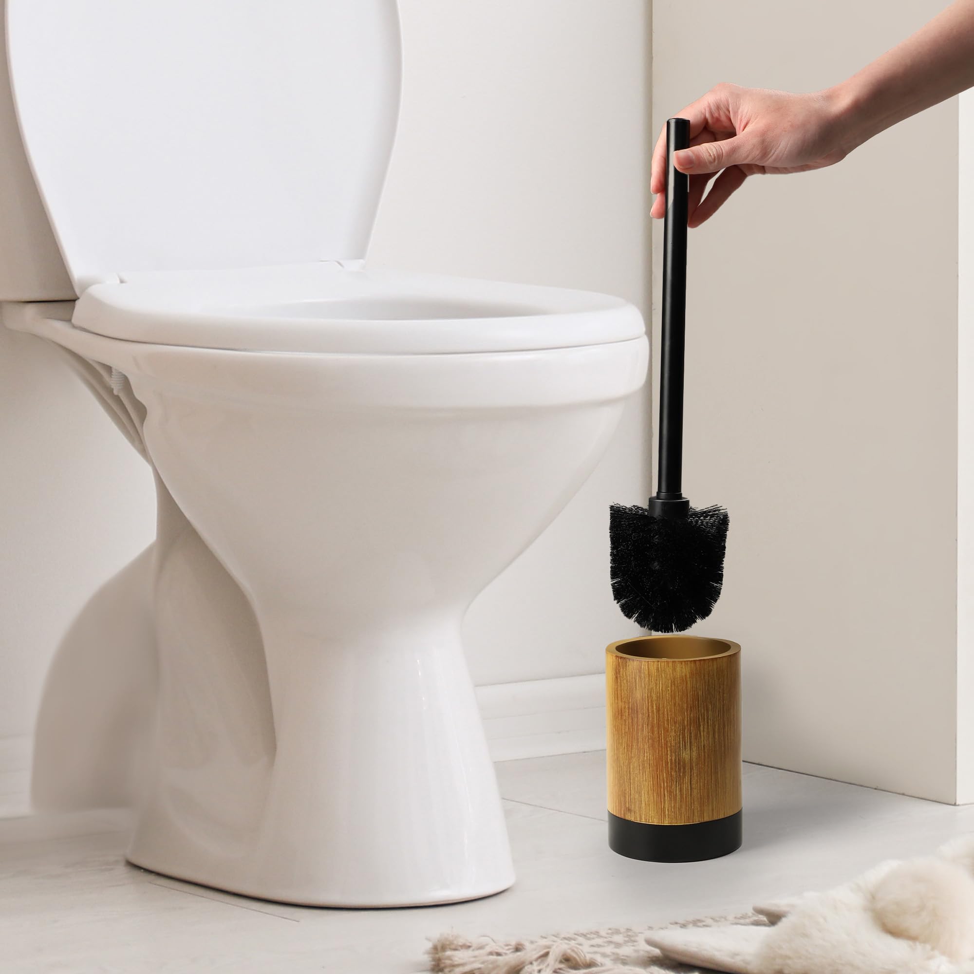 KADAX Juego de baño, dispensador de jabón, vaso para cepillos de dientes y escobilla de inodoro, accesorios de baño de polirresina resistente, imitación de madera
