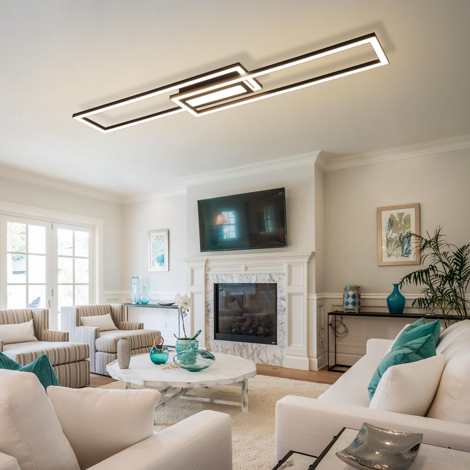 Homefire LED Deckenlampe Wohnzimmer Deckenleuchte 95cm - 50W küchenlampe Modern Wohnzimmerlampe Dimmbar mit Fernbedienung Schwarz Schlafzimmerlampe mit Memory-Funktion für Schlafzimmer Küche