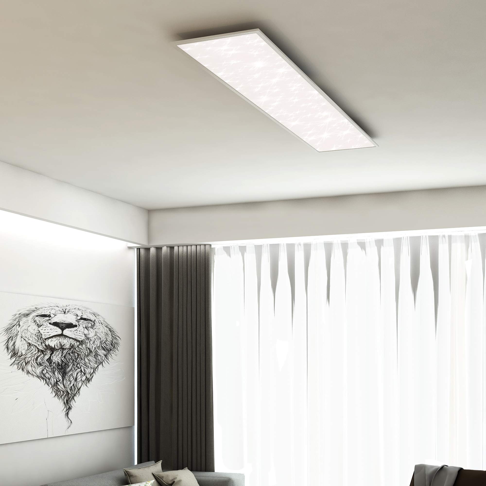BRILONER - LED Deckenlampe flach mit Sternenhimmel, einstellbar von warmweiß bis kaltweiß, dimmbar, Fernbedienung, Lampe, Deckenleuchte, Wohnzimmerlampe, LED Panel, 100x25x6,5 cm, Weiß