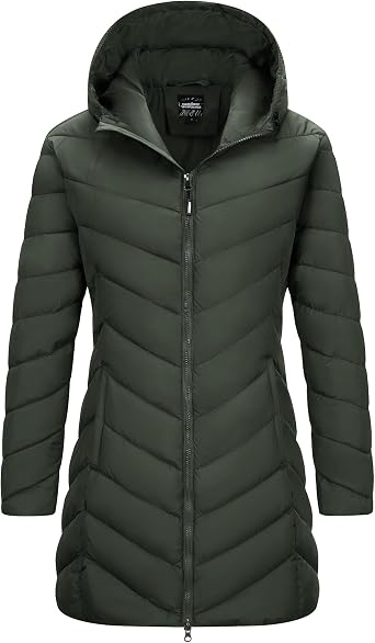 Outdoor Ventures Womens Long Hooded Lightweight Puffer Coat Quilted Insulated Winter Jacket