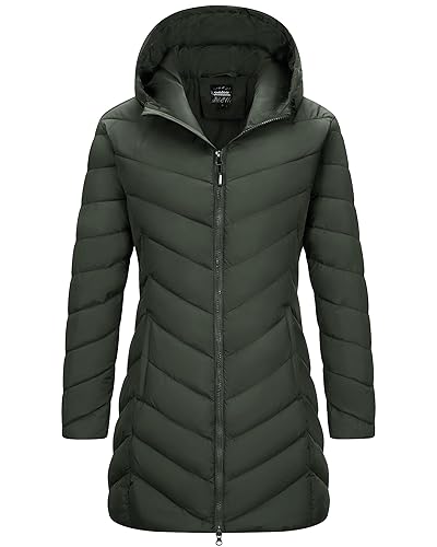 Outdoor Ventures Women's Long Hooded Lightweight Puffer Coat Quilted Insulated Winter Jacket - Army Green - XX-Large