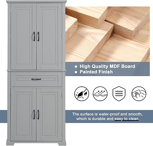 Miniatura 46 de Armario de baño de 64 pulgadas con 4 estantes, puertas y 1 cajón, armario alto con estantes ajustables para baño, cocina en casa, sala de estar