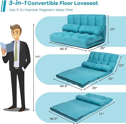 Miniatura 3 de KOMFOTT Sofá cama ajustable de suelo, sofá cama plegable con respaldo de 6 posiciones y 2 almohadas, sofá futón convertible con funda de tela de