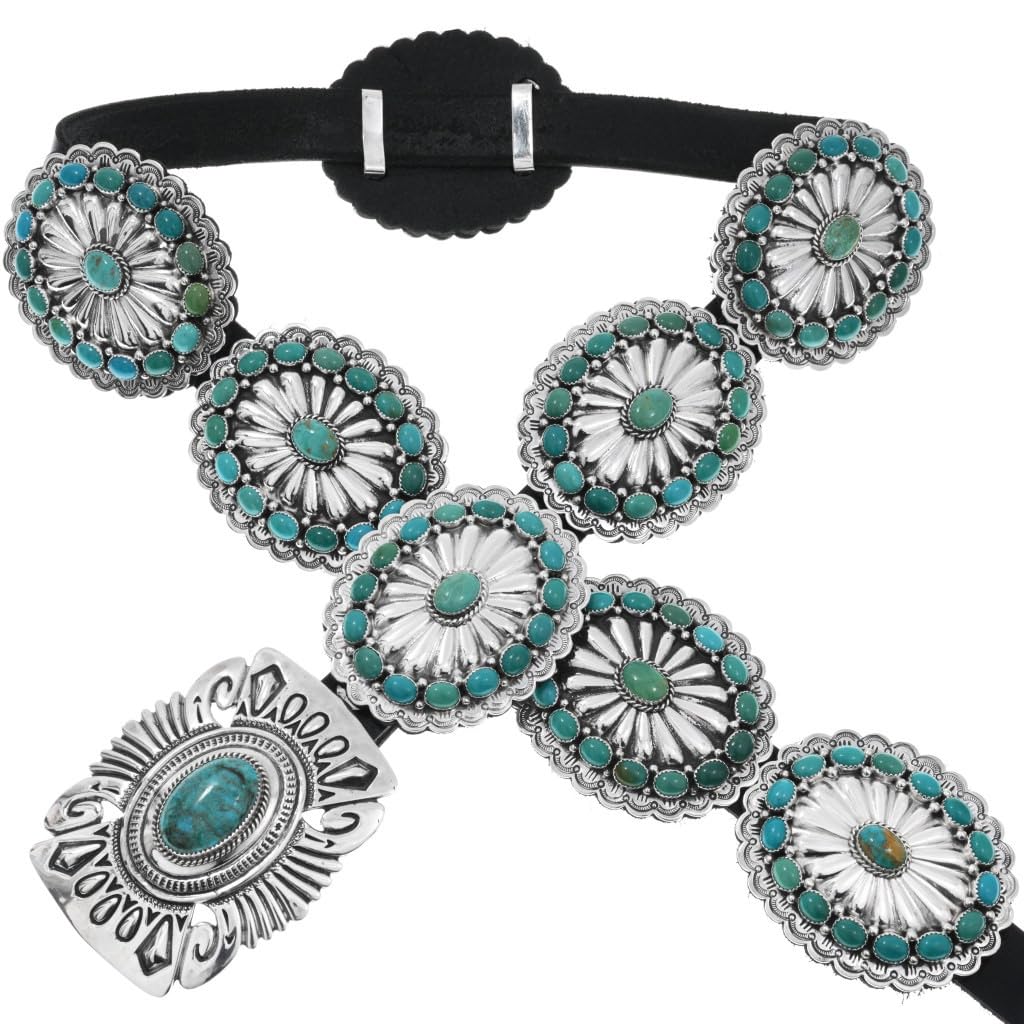 Alltribes Genuine Nevada Green Turquoise Sterling Navajo Concho Belt Hammered Silver Pawn Style Design on Custom Sized Genuine