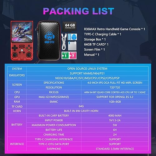 Miniatura 8 de R36MAX - Consola de juegos de mano retro, pantalla IPS de 4.0 pulgadas, 720 x 720 pulgadas, juego clásico integrado de más de 18,000, sistema Linux