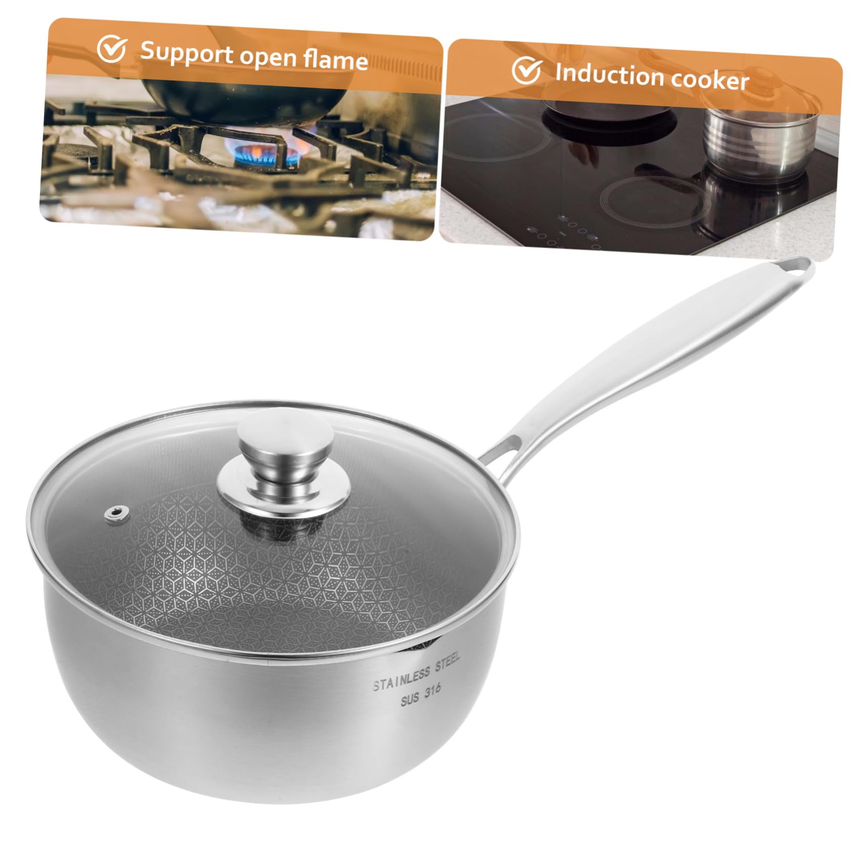 ULTECHNOVO Olla Pequeña de Acero Inoxidable Revestimiento Antiadherente Tipo Nido de Abeja, Multifuncional y Fácil de Limpiar para Cocina y Alimentación Infantil