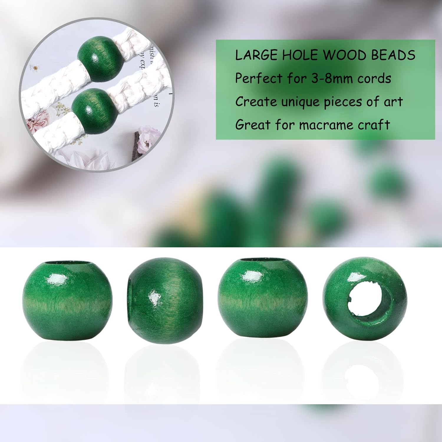 Woodeni Green 18mm Round Loose Beads, 50pcs, Large Hole for Macrame, Vintage Style Home Decor - Image 2
