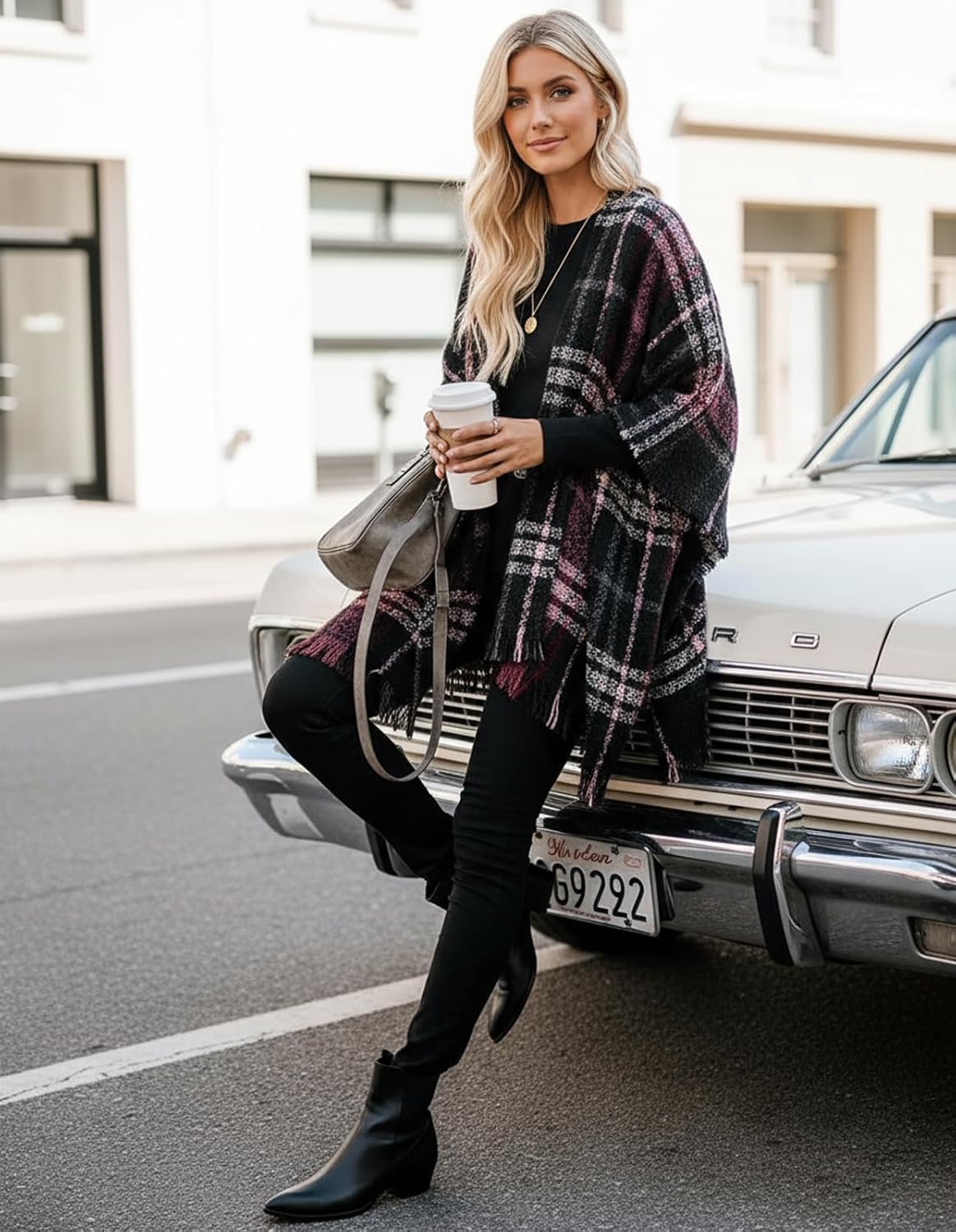 Women's Shawl Wraps Open Front Travel Poncho Cape Warm Oversized Plaid Sweaters Casual Cardigan Shawls - Image 8