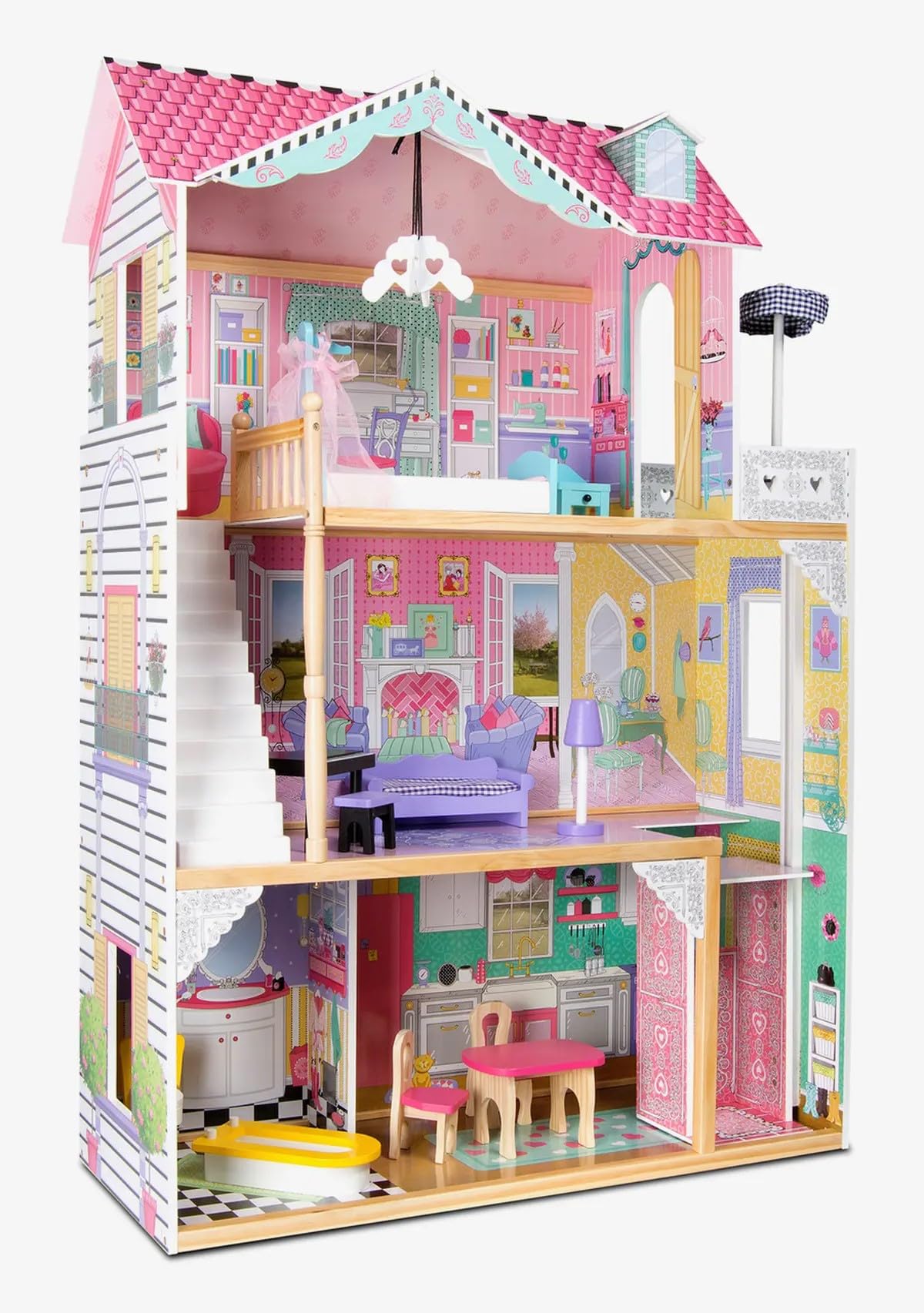 Casa delle Bambole in Legno Grande con Ascensore e Illuminazione, Villa a 3 Piani con Terrazza, Mobili e Accessori Inclusi, per Bambole fino 30 cm, Gioco di Ruolo Educativo, Regalo Bambini 3+