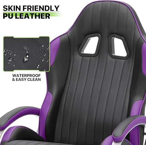 Miniatura 7 de Magshion Sillón reclinable para videojuegos con otomana, reposacabezas y soporte lumbar, tapizado de piel sintética, estilo de carreras, reclinable,