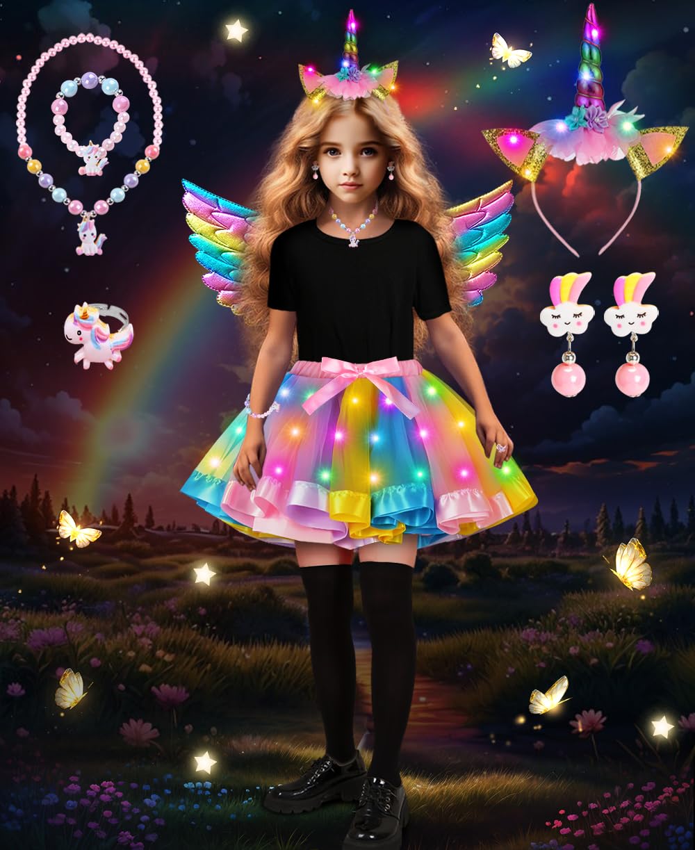 COYBTO Girls Light Up Fairy Costume,Fairy Dress Up with Necklace,Light up Fairy Butterfly Wings,LED Tulle Tutu Skirt Kids,Princess Fancy Dress for Halloween Party Carnival Girls