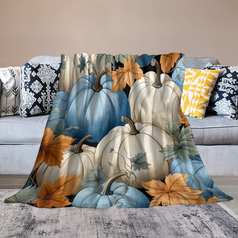 Miniatura 6 de Manta suave de franela de acuarela de calabaza azul y gris, para otoño, otoño, Halloween, 50 x 60 pulgadas, decoración del hogar para cama, sofá,