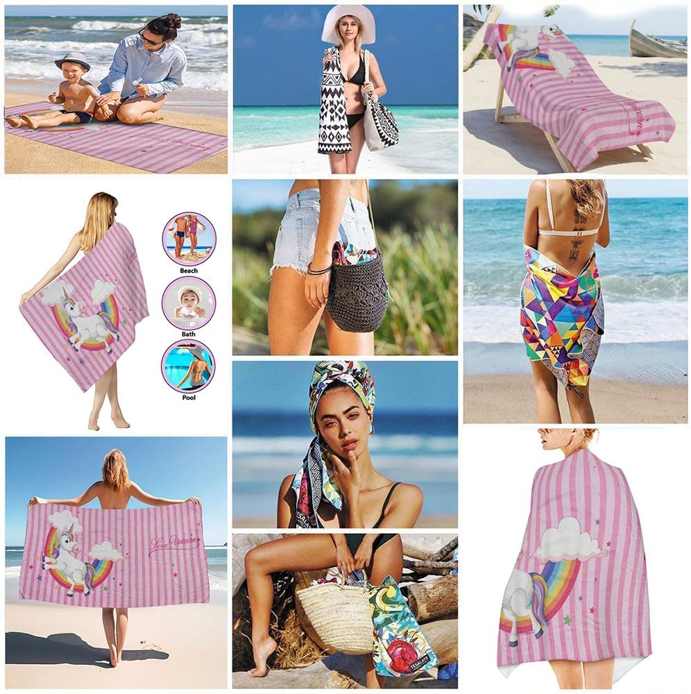 Extra Large Cute Pink Stripe Unicorn Beach Towels for Adult Girls, Big Oversized Thick Microfiber Terry Cloth Sandproof Quick Dry 30 x 60 - Image 4