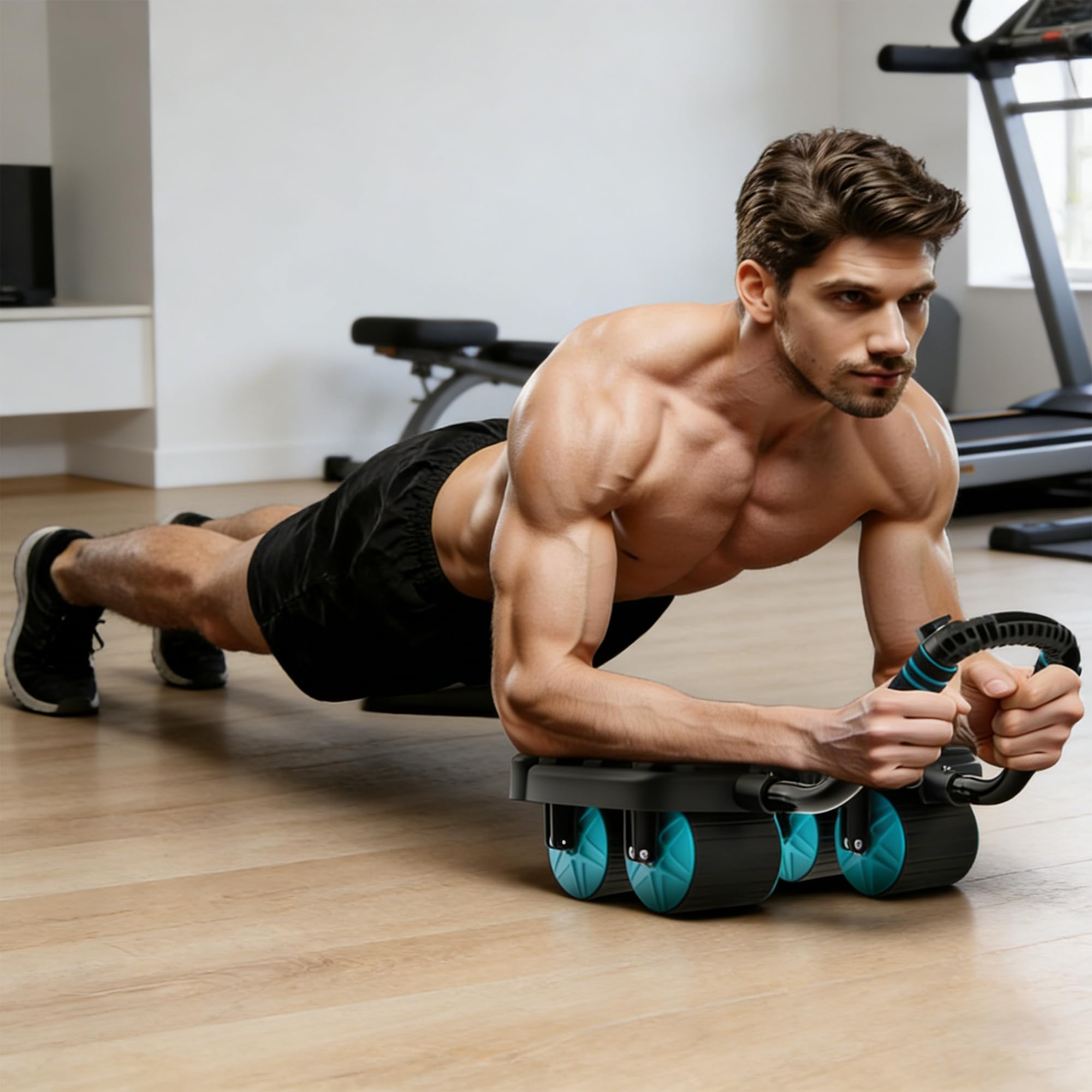 Rueda de ejercicio para abdominales, incluye una rodillera, con 6 coderas y 4 ruedas, puede rebote automático, equipo de ejercicio abdominal para abdominales centrales, para gimnasio en casa
