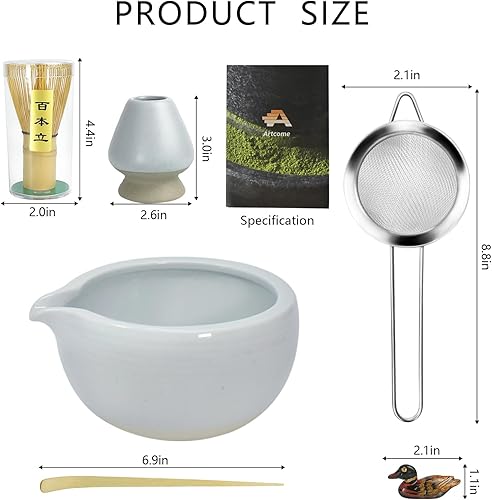 Miniatura 2 de Artcome Kit de ceremonia de matcha para ceremonia de té japonesa, cuenco con boquilla de vertido, batidor, cuchara de té, colador de polvo matcha,