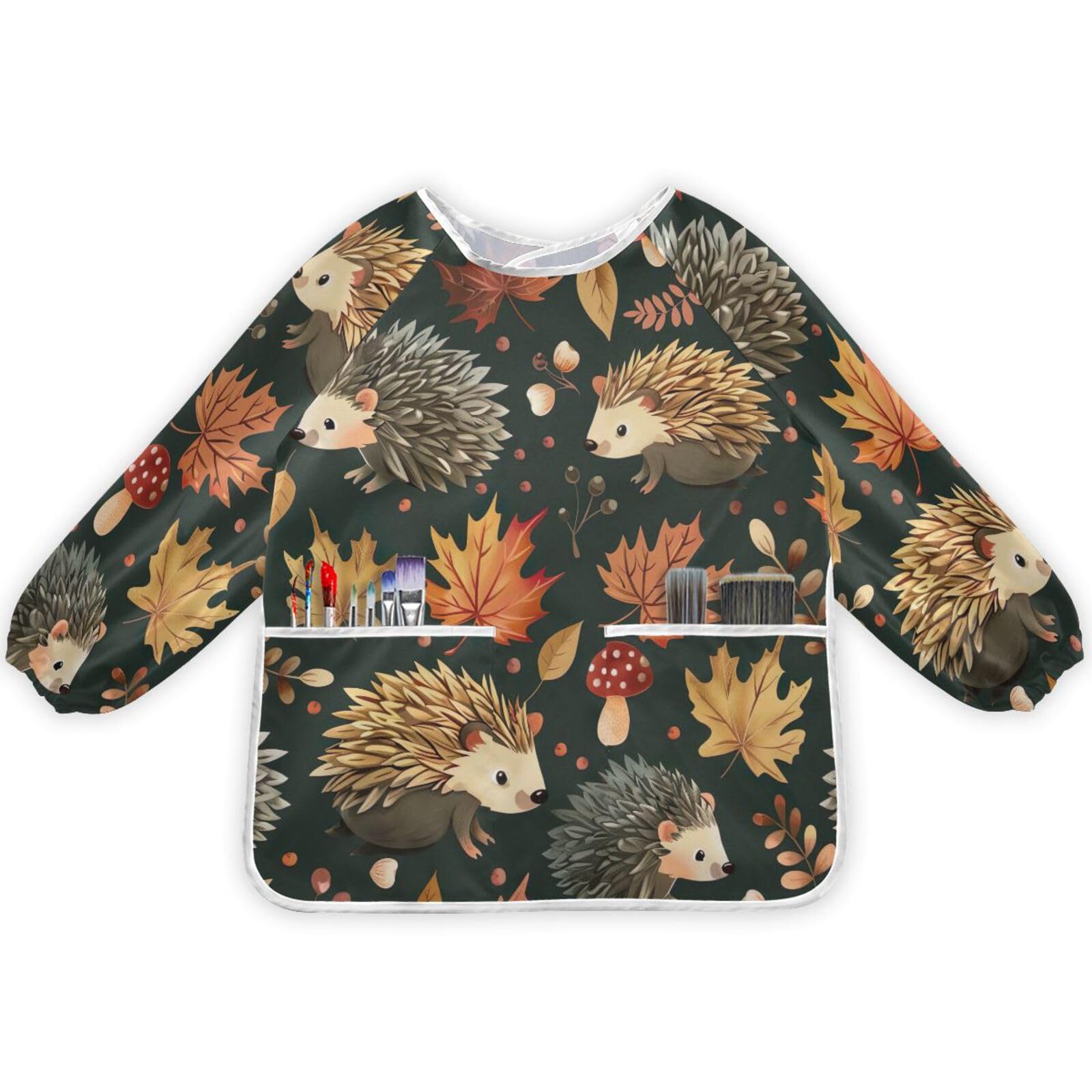 Ewusp Hedgehog Maple Kids Art Smock Waterproof Artist Painting Aprons Long Sleeve with Pockets for Cooking Baking