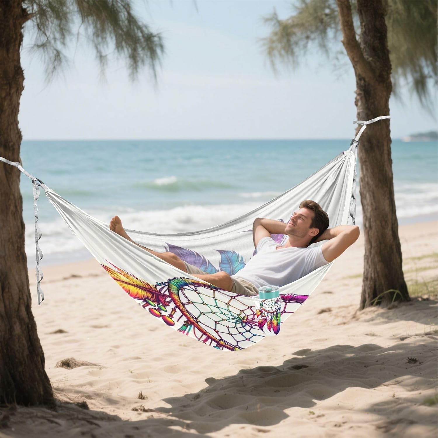 ALAZA Rainbow Dreamcatcher Camping Hammocks Single or 2 Person 500 lbs Portable Parachute Travel Hammock w/Tree Straps for Hiking Backpacking Indoor Outdoor