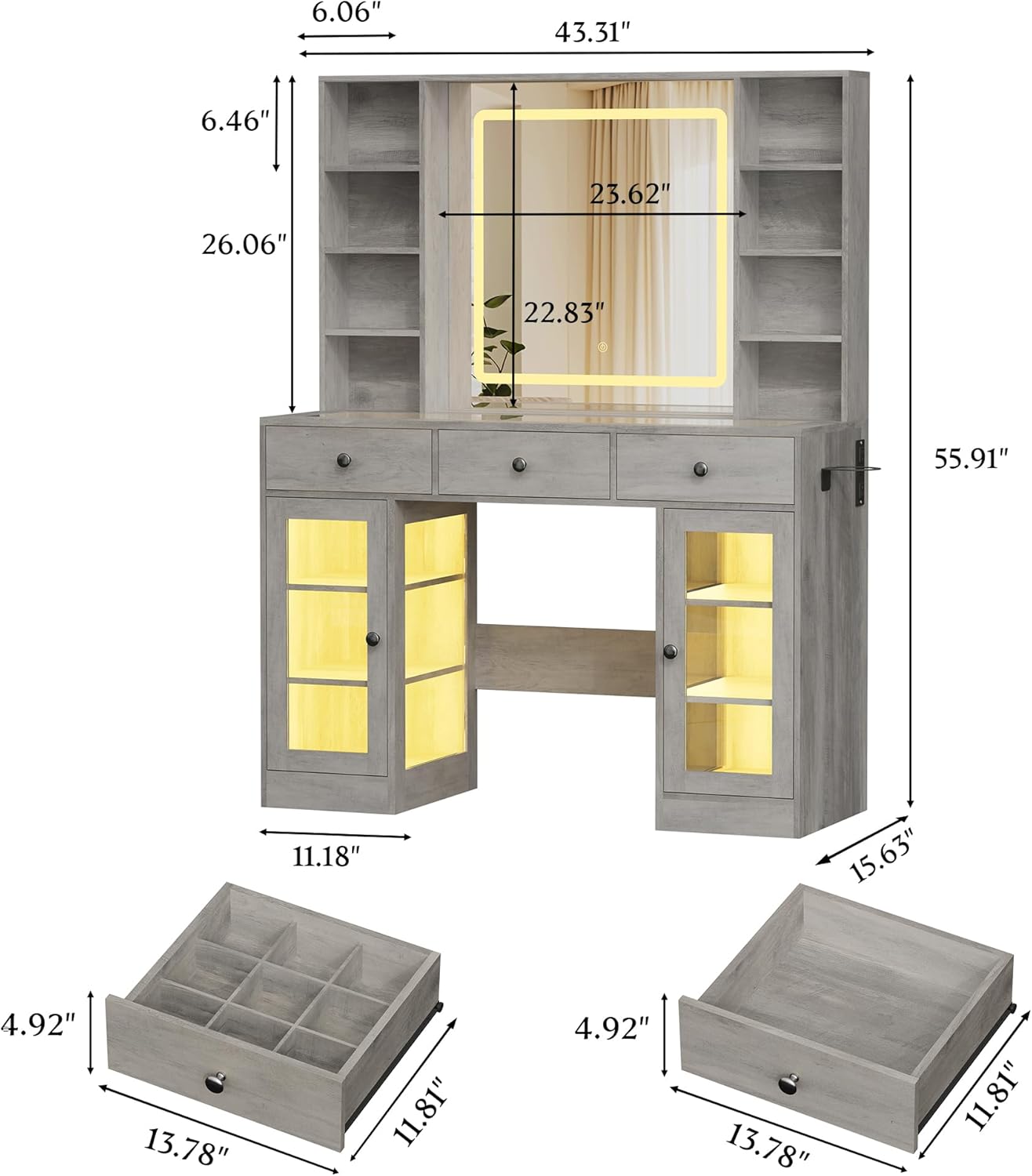 Dimensions diagram for Wodeer 43-inch Grey Makeup Vanity Desk