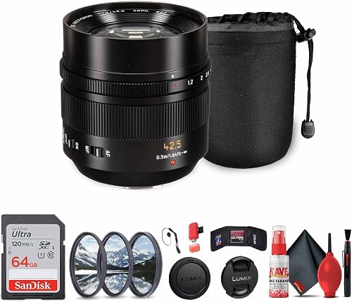 Panasonic Leica DG Nocticron 42.5mm f/1.2 Lens (H-NS043) Bundle: 64GB Card, 3-Piece Filter Kit, Accessories