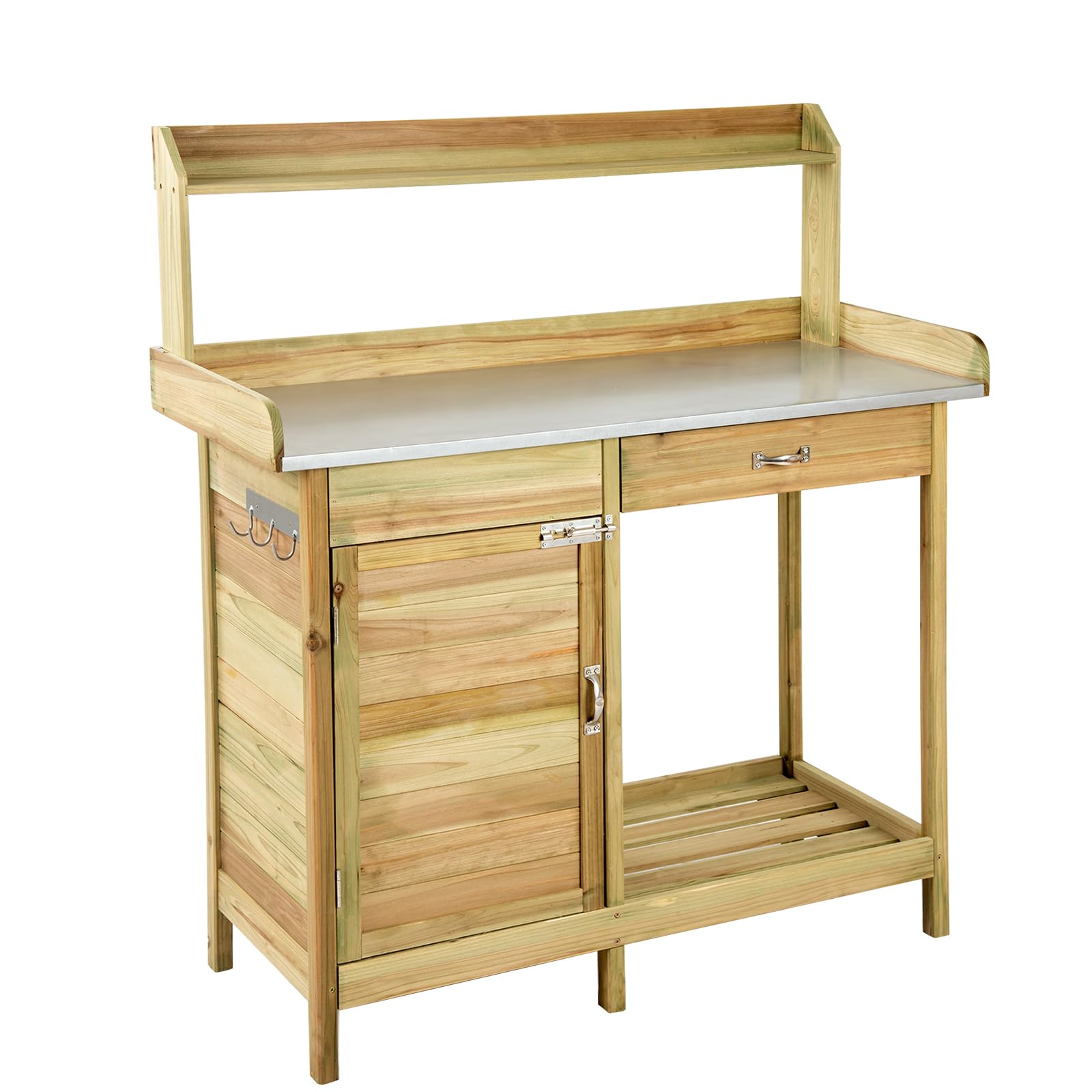 GYMAX Tavolo da Giardinaggio in Legno di Abete, Tavolo da Piantagione con Cassetto, Scaffale Aperto e 3 Ganci, Banco da Travaso per Giardino, Terrazzo, Cortile, 112 x 46 x 125 cm, Naturale