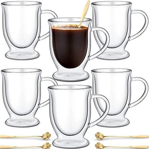 Gejoy 6 juegos de tazas de café de vidrio de doble pared con cuchara, taza de café transparente aislada con asa, tazas de café de vidrio
