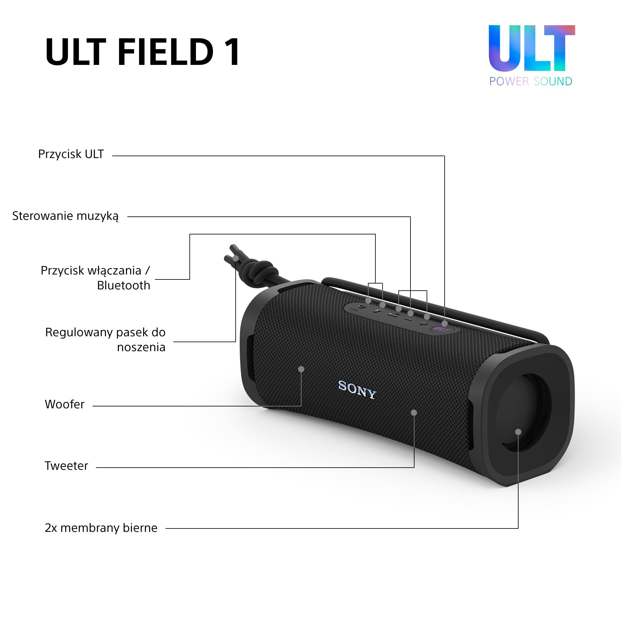 Sony ULT FIELD 1 Bezprzewodowy, Kompaktowy Głośnik Bluetooth z ULT POWER SOUND, Głęboki Bas, IP67, Wodoodporny, Pyłoszczelny, Odporny na Wstrząsy, Bateria do 12 godz., Rozmowy tel., Czarny