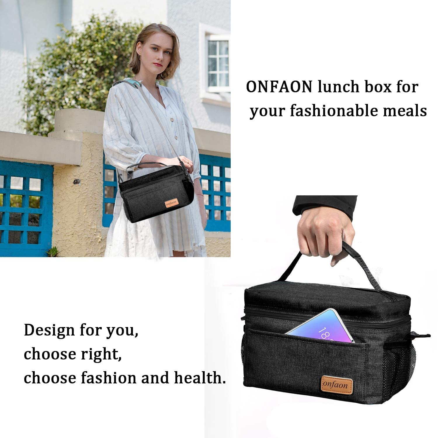 ONFAON Lunchtasche für Herren/Damen, isoliert, wiederverwendbar, auslaufsicher, kühlende Tragetasche, gefrierbar, mit verstellbarem Schultergurt, für Büro, Arbeit, Picknick, Strand (schwarz)