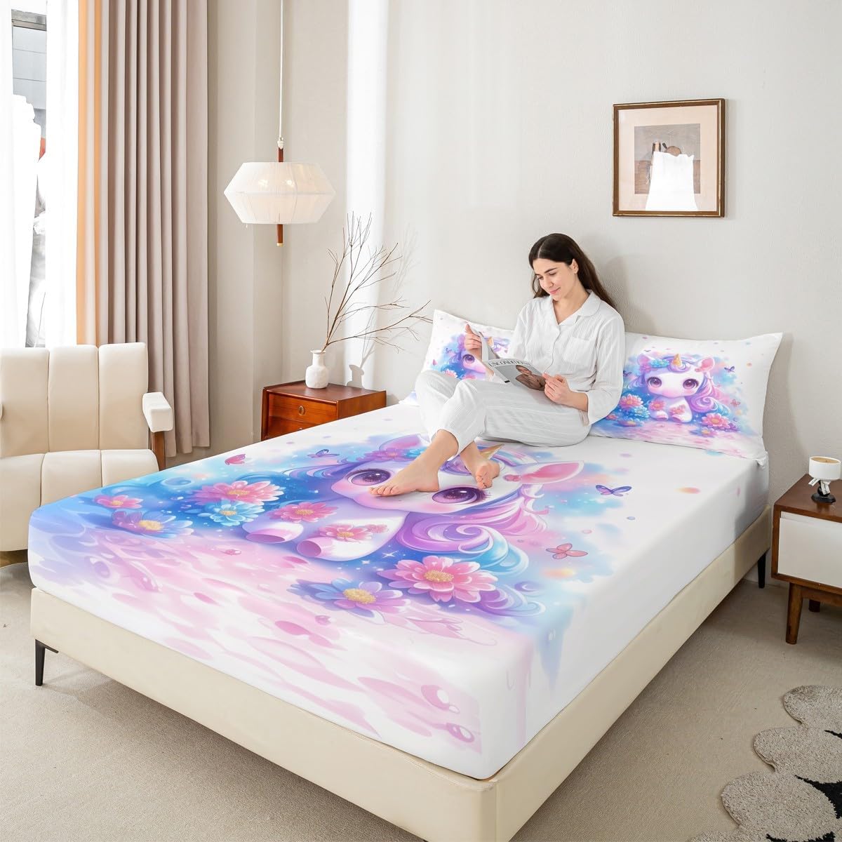 Unicorn Fitted Sheet Full Size Kawaii Animal Dreamy Bedding Set for Kids Girls Teens Watercolor Blue Pink Tie Dye Bed Sheet Set Butterfly Flower Bed Cover Room Decor,No Top Sheet