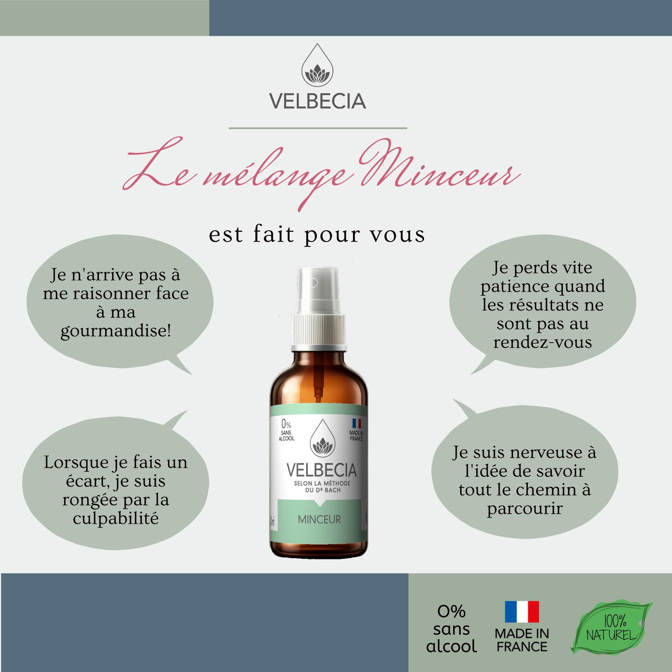 Velbecia® - Fleurs de Bach Minceur - Perte de poids 50 ml +1 OFFERT - SANS ALCOOL - Pour éviter le grignotage, rester motivée, pour éviter la tentation