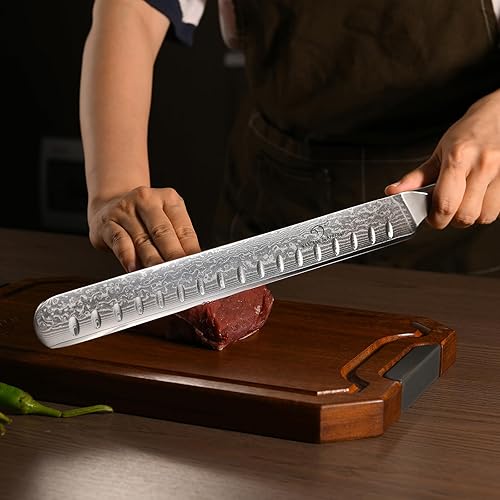 Miniatura 7 de NANFANG BROTHERS Damasco - Cuchillo para cortar pechuga con funda de cuchillo, cuchillo de tallar ultra afilado de 12 pulgadas para rebanar asados,