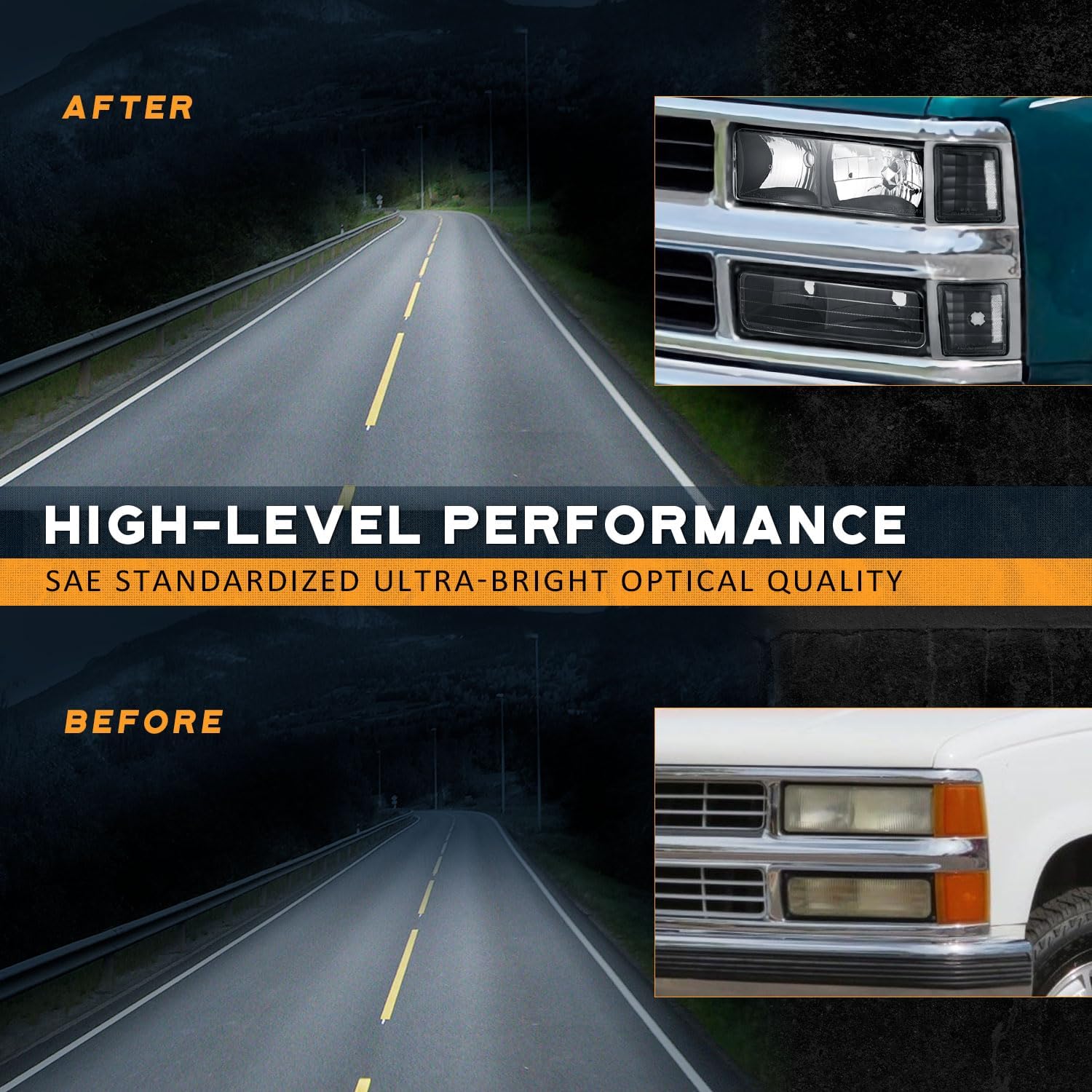 WEELMOTO Headlights Assembly for 1994-1998 Chevy C10 C/K 1500 2500 3500 Tahoe/Suburban/Silverado, 92-94 Blazer Pickup w/Corner and Bumper Light Clear Lens Black Housing Clear Reflector