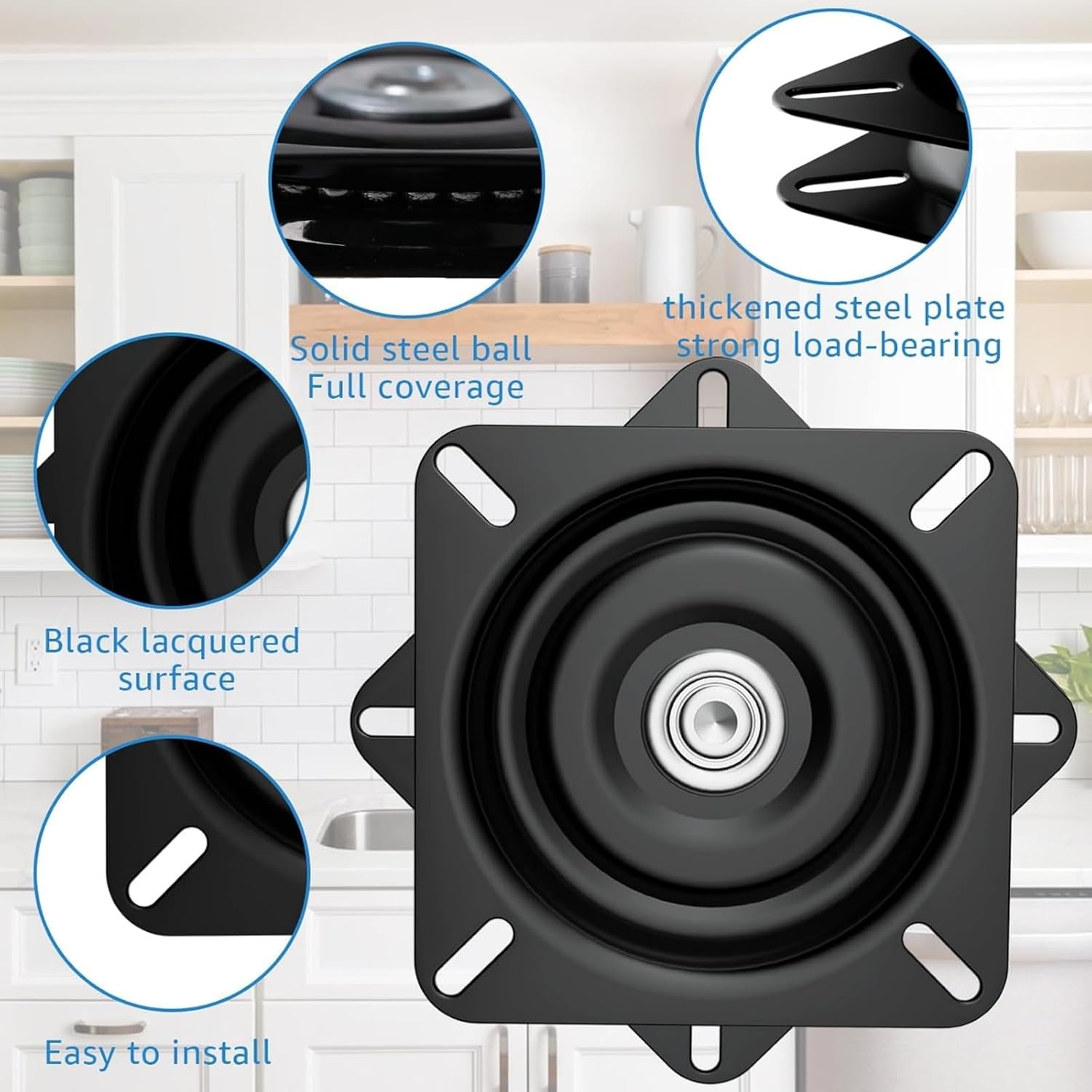 7inch Heavy-Duty Bar Stool Rotating Base Replacement, 360 ° Square Black Metal Rotating Plate Base with Solid Ball Bearings, Used for Changing Lounge Chairs, bar stools, and Boat Chairs