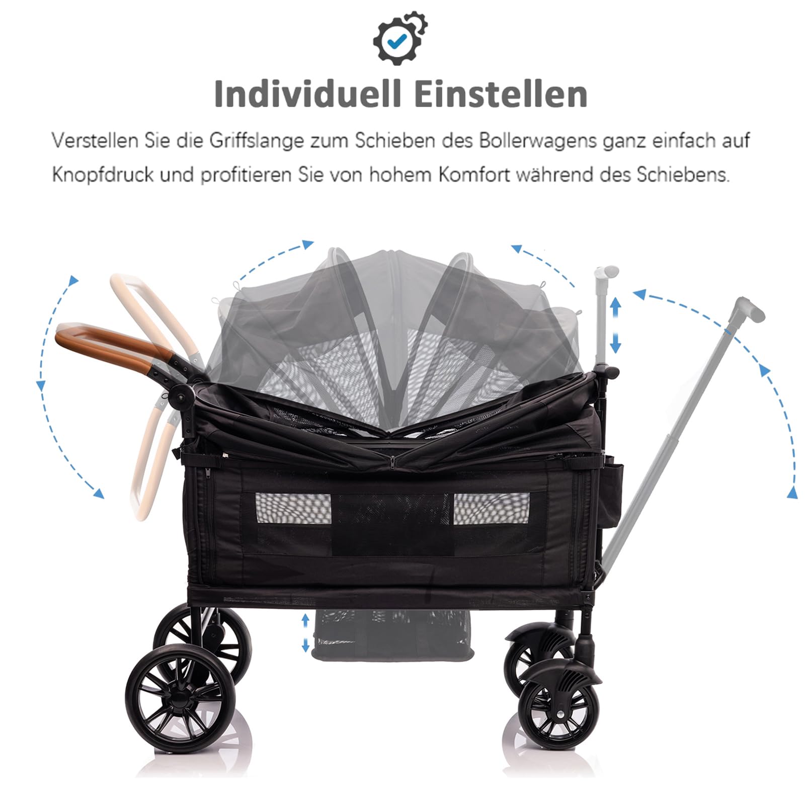 vickey Carrello pieghevole con tetto, 2 bambini, 150 kg, carrello cargo, pieghevole, con manico scorrevole, Duo, resistente agli urti, ruote in poliuretano con freni, portabevande, 100 l, nero