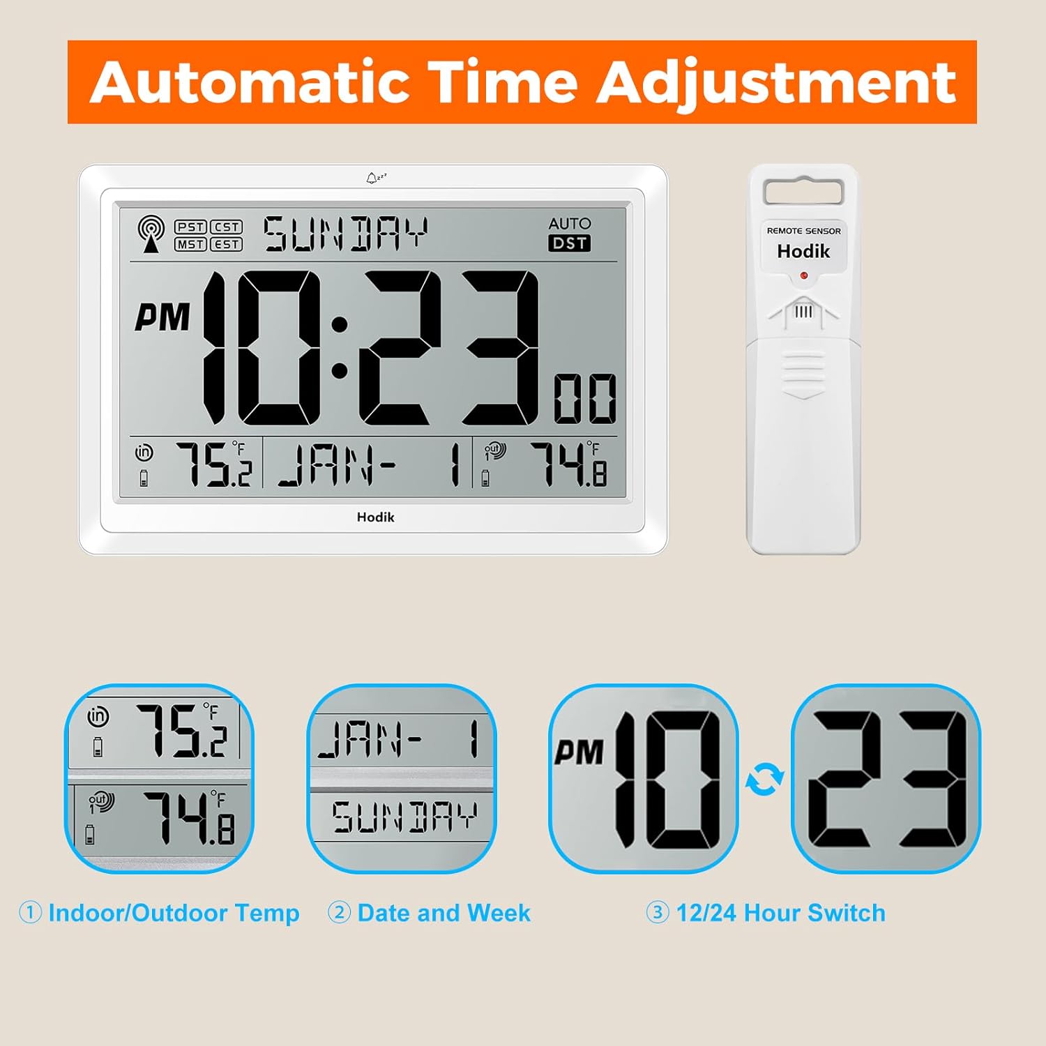 HODIK Atomic Clock with wireless temperature sensor placement