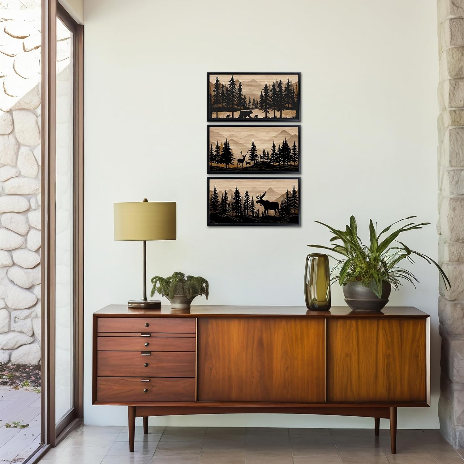 WELMECO Cabin Decor Bear Moose Deer Wall Art Rustic Home Decor Woodland Farmhouse Living Room Bedroom Bathroom Decor Forest Animal Picture, Black Framed 8x16inchx3 Pieces,Brown - Image 4