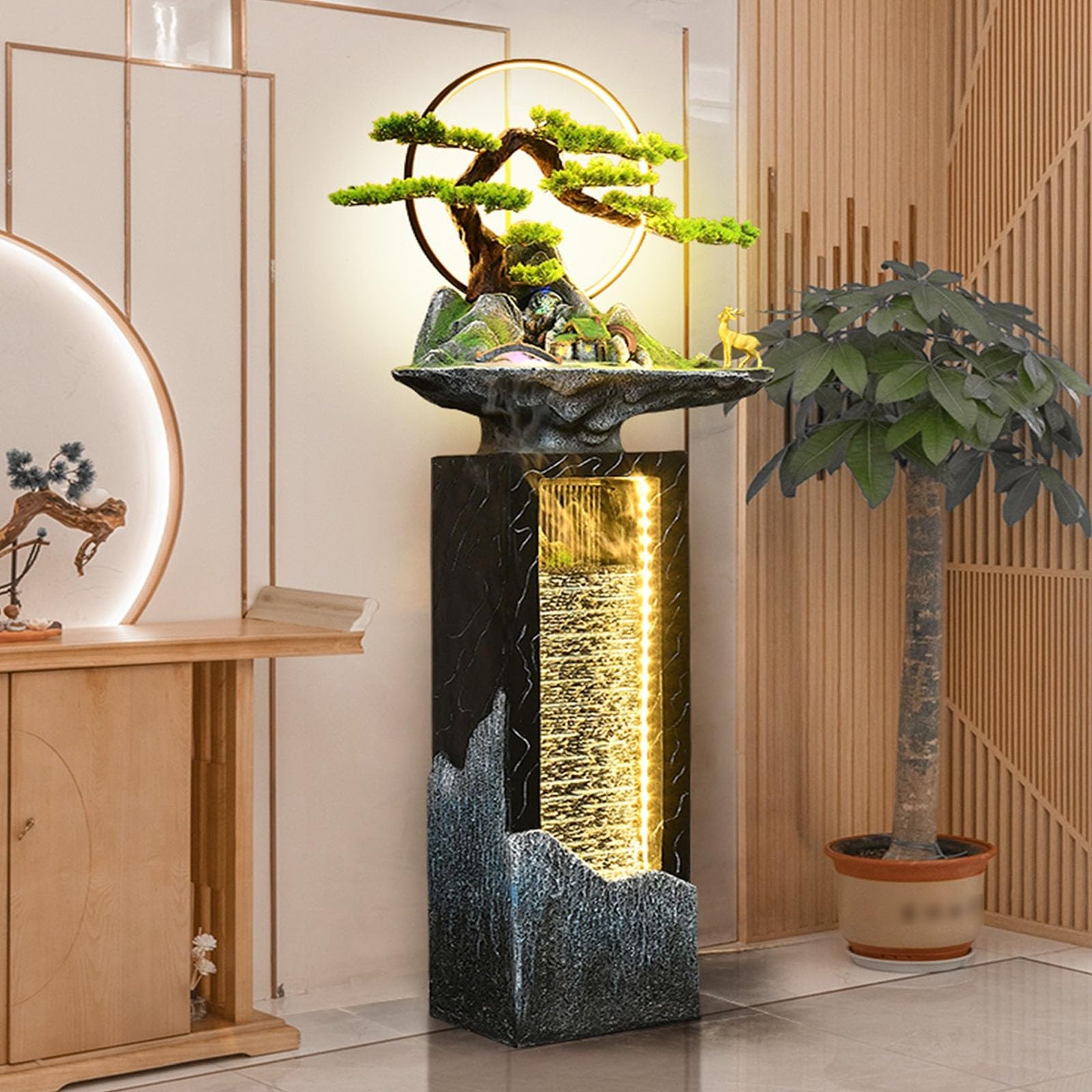 Fuente de suelo de pie para sala de estar, Fuentes de agua for exteriores, fuente de agua for jardín al aire libre con luz LED y pino simulado, for patio, parque, decoración del hogar interior y exter