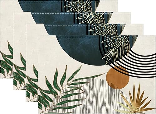 Miniatura 13 de Juego de 4 manteles individuales florales con estampado de bloques de 12 x 18 pulgadas, manteles individuales rectangulares modernos y bohemios con